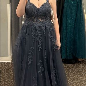 Prom dress, greyish blue with built in bra, iridescent gems and floral patterns